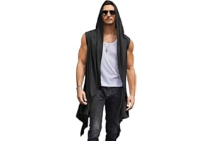 COOFANDY Men's Long Hooded Cardigan Sleeveless Ruffle Shawl Collar Lightweight Open Front Drape Kimono Vest