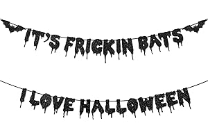 PHOTKEN Black Glitter It's Frickin Bats I Love Halloween Banner - Hanging Paper Garland Bunting Banner Bloody Bat-Themed Decorations, Photo Backdrop for Wall Home Mantle Office Wall Spooky Party Supplies