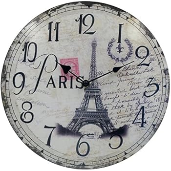 HIPPIH Silent Round Wall Clocks (12 Inches) Living Room Decorative Vintage/Country/French Style Wooden Clock(Round Eiffel)