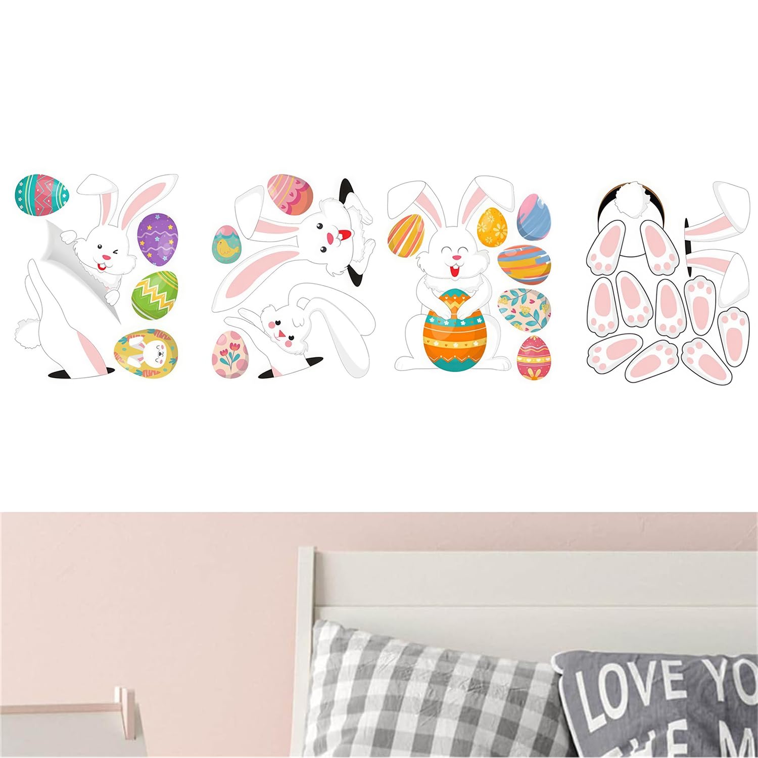 1 Set of Rabbit Wall Decals, Floral Bunny Stickers, Nursery Decor, Rainbow Animal Designs, Kids Room Art, Baby Room Stickers, Cartoon Rabbit Decor for Children's Bedroom