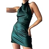 xxxiticat Women's Halter Neck Mini Satin Dress Elegant Wedding Party Club Sleeveless Backless Split Hem Bodycon Slip Dresses