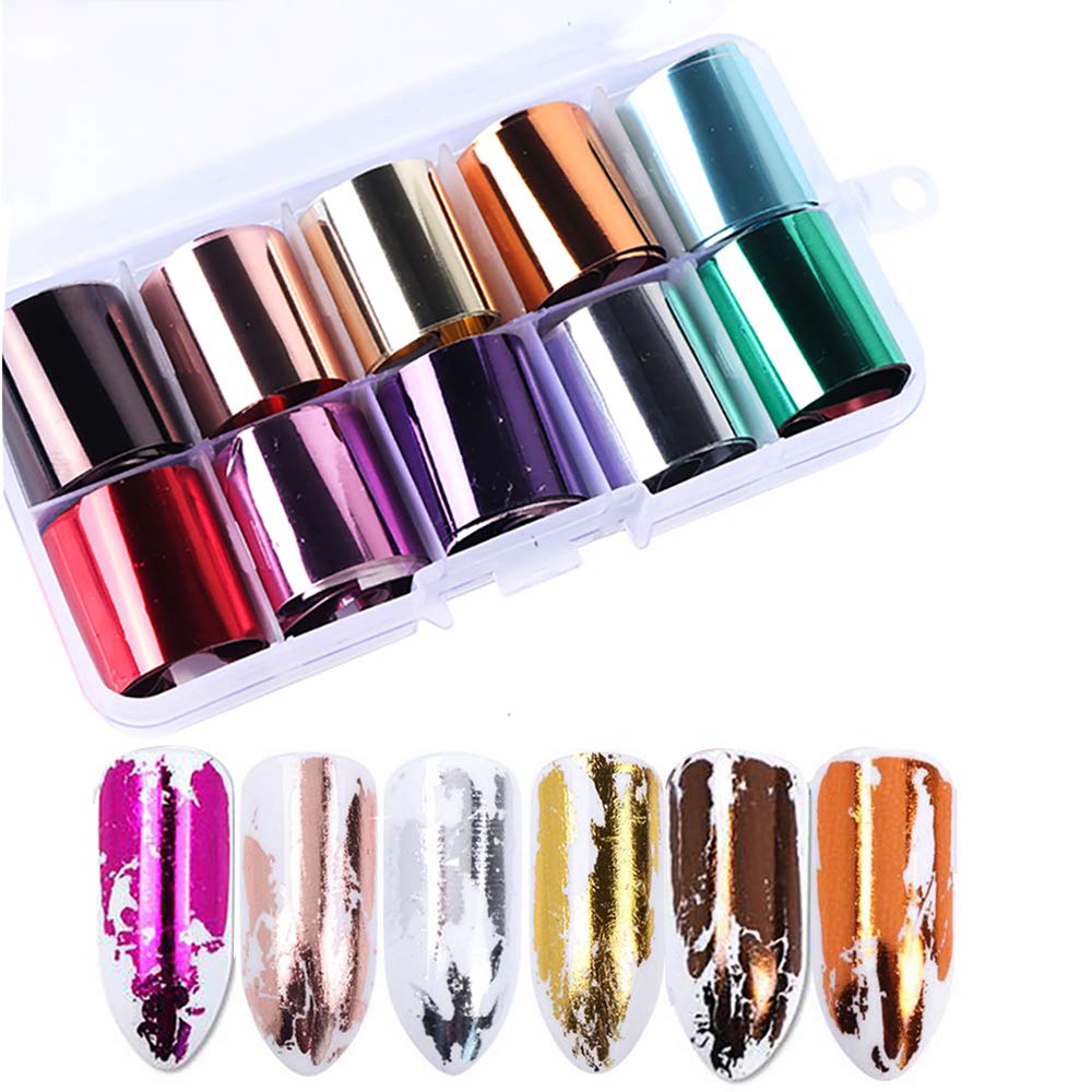 10 Rolls Metallic Color Holographic Nail Foil Transfer Sticker Roll Set, Mwoot Mix-Pattern Nail Art Stickers, Wraps Decals Starry Sky Manicure Kit,Gold, Silver, Rose Gold, Red (1.03inchs*39.37inchs)