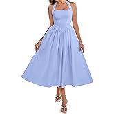 Parthea Women's Floral Halter Corset Midi Dress 2026 Elegant Smocked Flowy Wedding Guest Dresses with Pockets