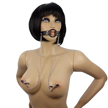 BDSM Bondage Mundknebel mit Nippelklemmen, verstellbare Brust-Klammern, Gag-Ring Sklaven-Knebel 3,80cm für erotische Rollensp