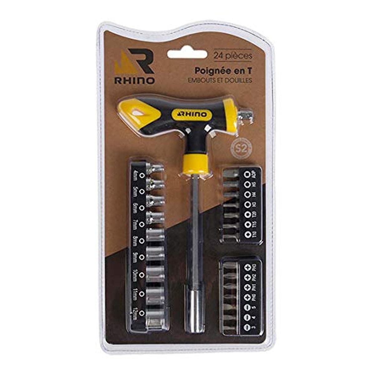 Rhino T-Handle Screwdriver - Bit Holder and Socket Holder - 9 x 1/4 Inch Steel (Chrome Vanadium) + 24 x 25 mm S2 Steel Screwdriver Bits