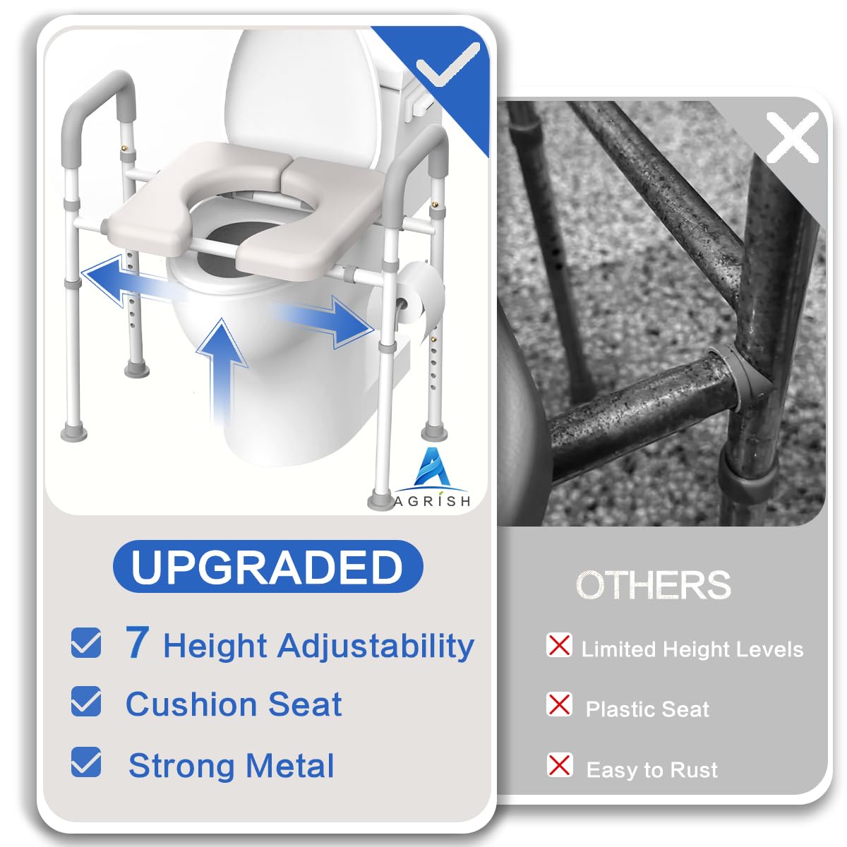 Raised Toilet Seat with Handles - Width & Height AdjustableToilet Seat Risers for Seniors, Heavy Duty Handicap Toilet Riser, Fit Any Toilet, Up to 400lbs
