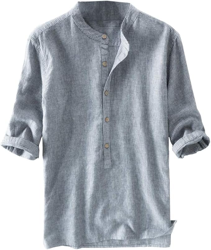 Men's Grandad Collar Button Shirt Striped 3/4 Long Sleeve Tops Japanese