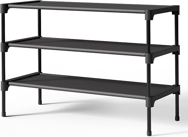 Kitsure Shoe Rack - Non-Woven Shoe Rack Shelf, 27.5" Wide - 3 Tier, Black | Shoe Organizer for Closet, Entryway, Garage, Stac