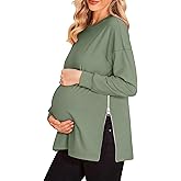 Women's Maternity Shirts Long Sleeve Sweatshirt Zipper Split Side Pregnancy Casual Tunic Top
