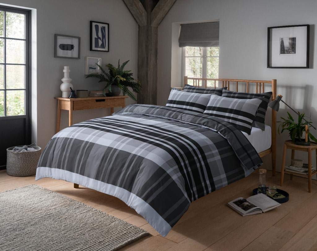 Olivia Rocco Hudson Check Duvet Cover Set Modern Print Cotton Rich Quilt Covers Bedding Bed Linen Sets, Black/Grey Single