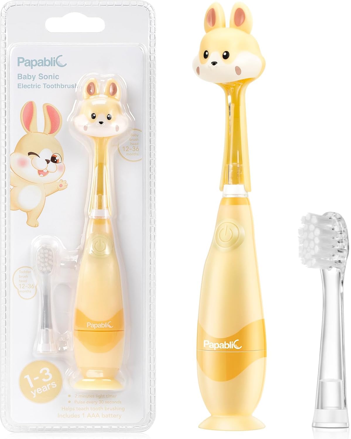 Photo 1 of Papablic Toddler Sonic Electric Toothbrush Kids for Ages 1-3 Years, Baby Electric Toothbrush with Cute Rabbit Cover and Smart LED Timer, 2 Brush Heads (Bunny)