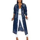 Leyoutx Womens Distressed Ripped Denim Trench Coat Casual Slim Button Down Washed Long Jean Jacket