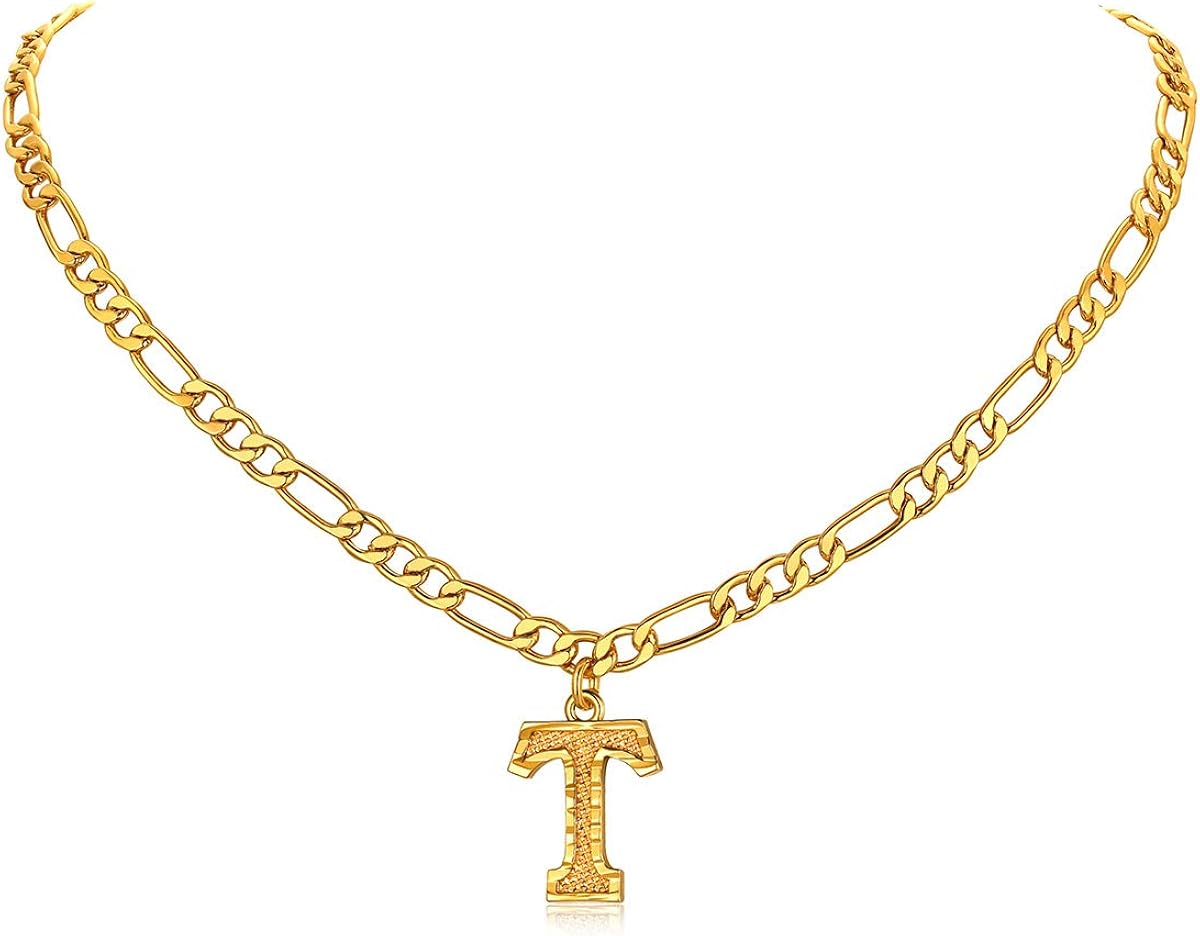 FOCALOOK 18K Gold Plated Small Initial Letter Necklaces 18 Inch Figaro Chain for Teen Boys Girls(T): Jewelry