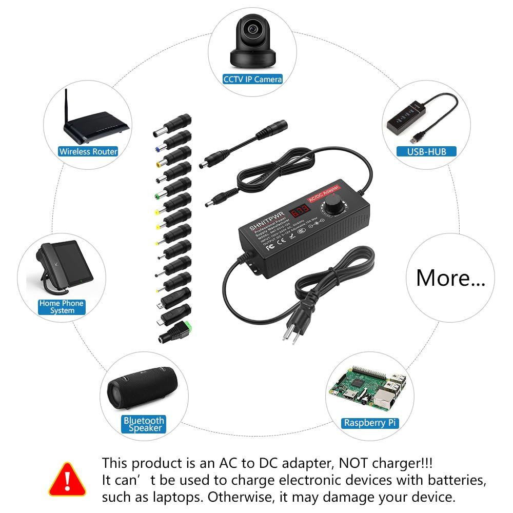 SHNITPWR 4V - 12V Power Supply 10A 120W AC to DC Adapter DC 4V 4.5V 5V 6V 7V 8V 9V 10V 11V 12V Voltage Adjustable Universal Power Converter Transformer 100-240V AC In with 14 Tips & Polarity Converter
