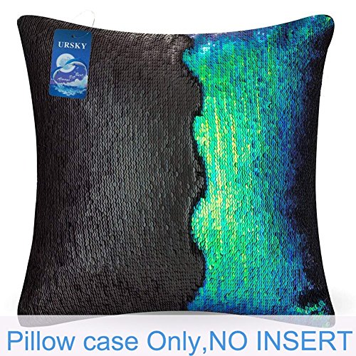 URSKYTOUS Reversible Sequin Pillow Case Decorative Mermaid Pillow Cover Color Changing Cushion Throw Pillowcase 16” x 16”,Fancy Green and Black - Thumbnail 2
