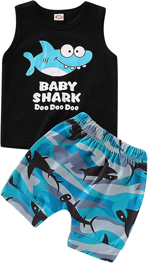 Baby Boy Clothes Baby Shark Doo Doo Doo Print Summer Cotton Sleeveless Outfits Set Tops + Short Pants