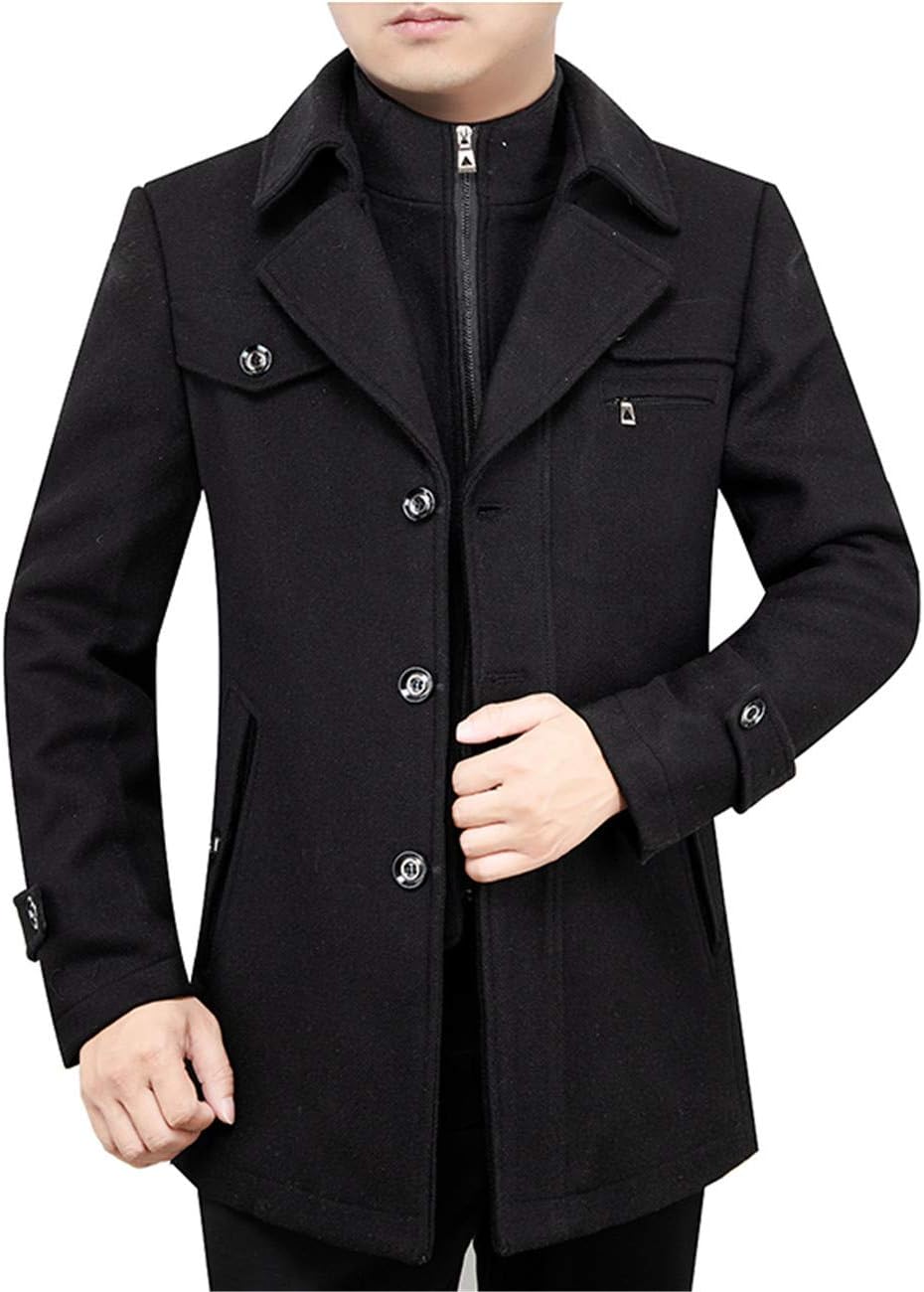 LegogoMen's Wool Mid-Length Slim Fit Lapels Single-Breasted Winter Jacket Warm Wool Coat