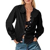 Tankaneo Womens Peter Pan Collar Shirts Puff Long Sleeve Button Down Cotton Blouse Casual Fall Textured Tops