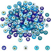 NBEADS 150 Pcs 5 Colors Handmade Evil Eye Lampwork Beads, 8mm Flat Round/Disc Turkish Eye Beads Loose Glass Spacer Beads for DIY Bracelets Necklace Jewelry Making