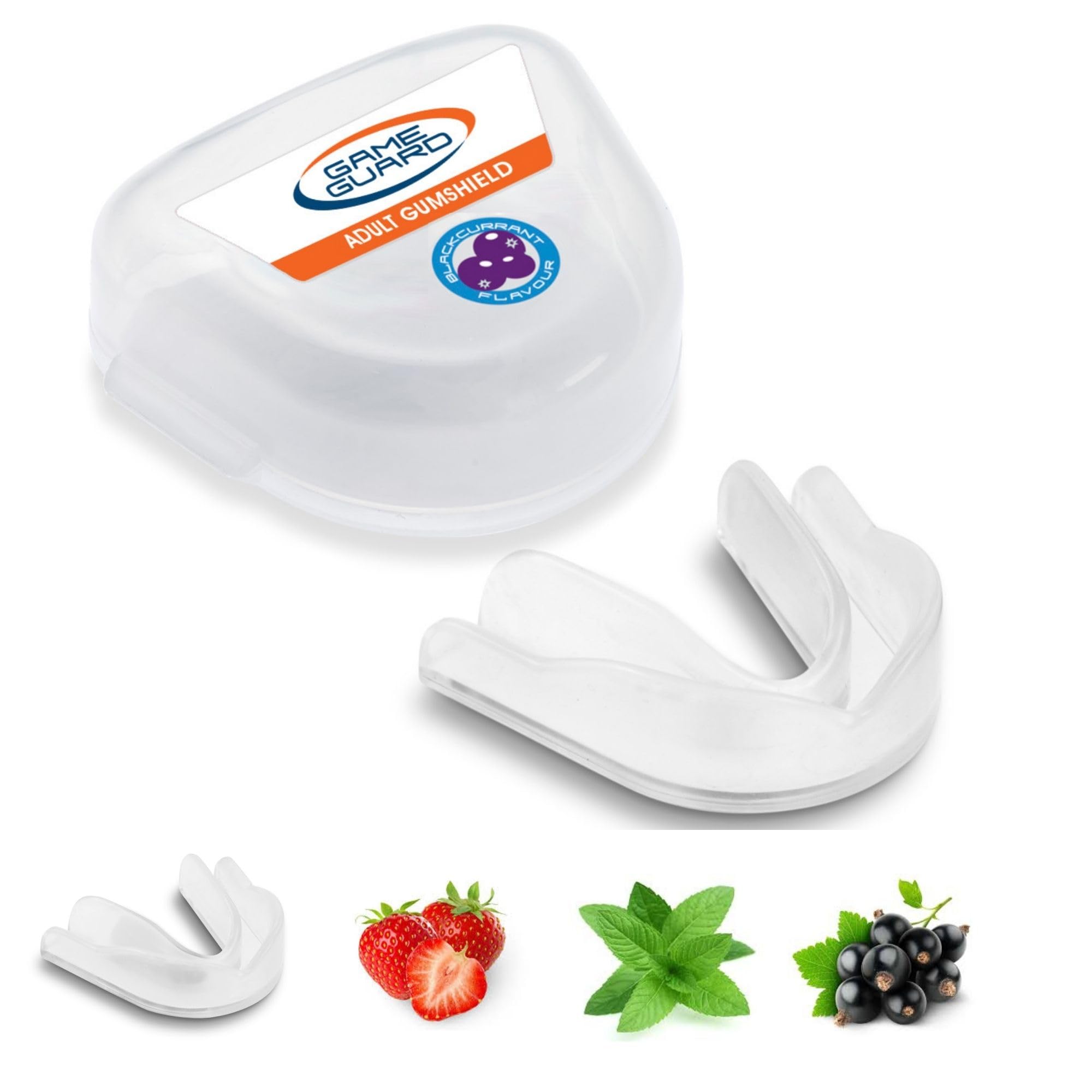 GAME GUARD 10-Pack Sports Mouthguards – Easy Fit Boil & Bite Gum Shields for Adults & Teens (Age 13+) – Mouth Guards for Rugby, Hockey, GAA – Ideal for Schools and Clubs (Blackcurrant Flavour - Clear)