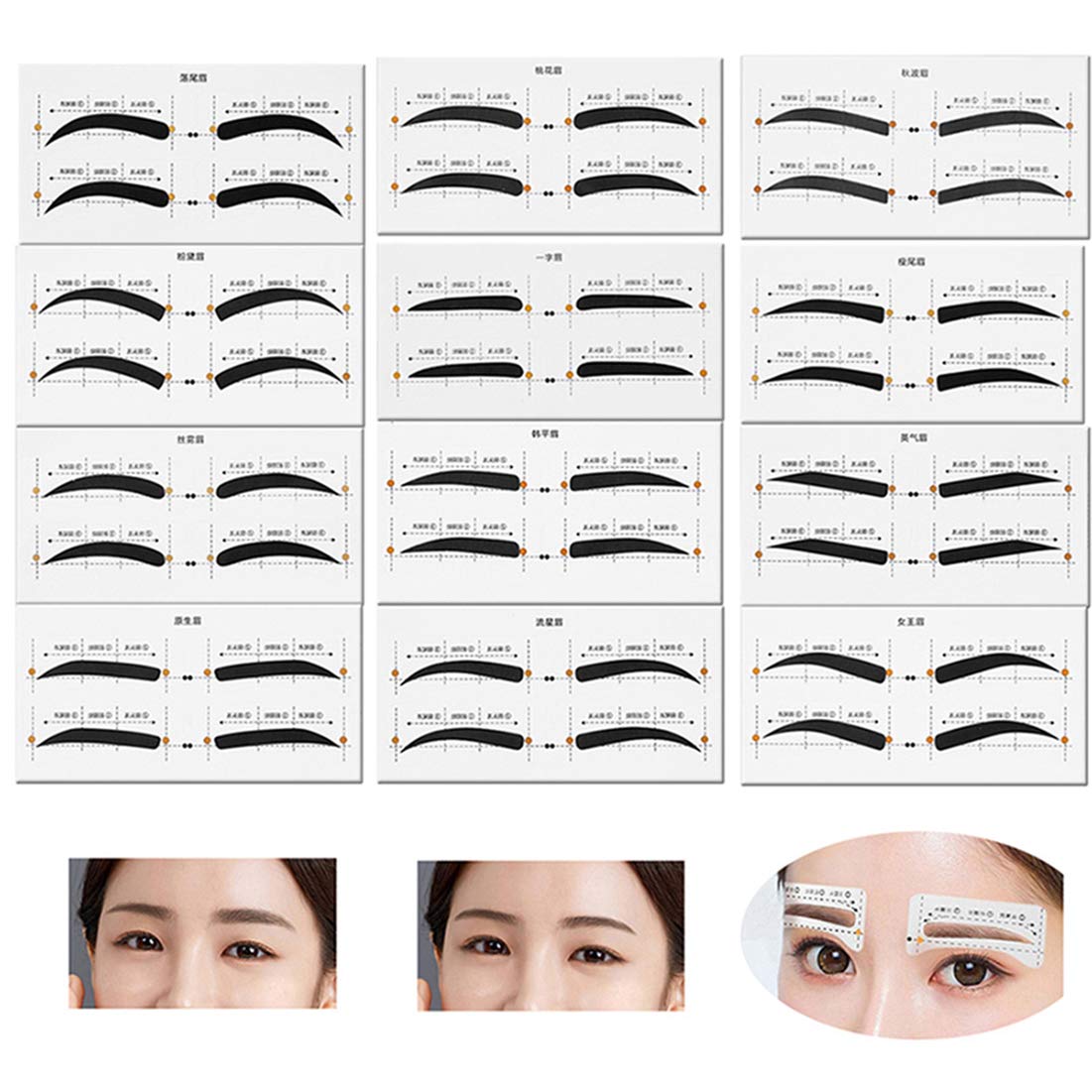Eyebrow Stencil 12 eyebrow shapes 48 Pairs Reusable Eyebrow Ruler Sticker & Eyebrow Template for Women Girls Eyebrows Grooming Stencil