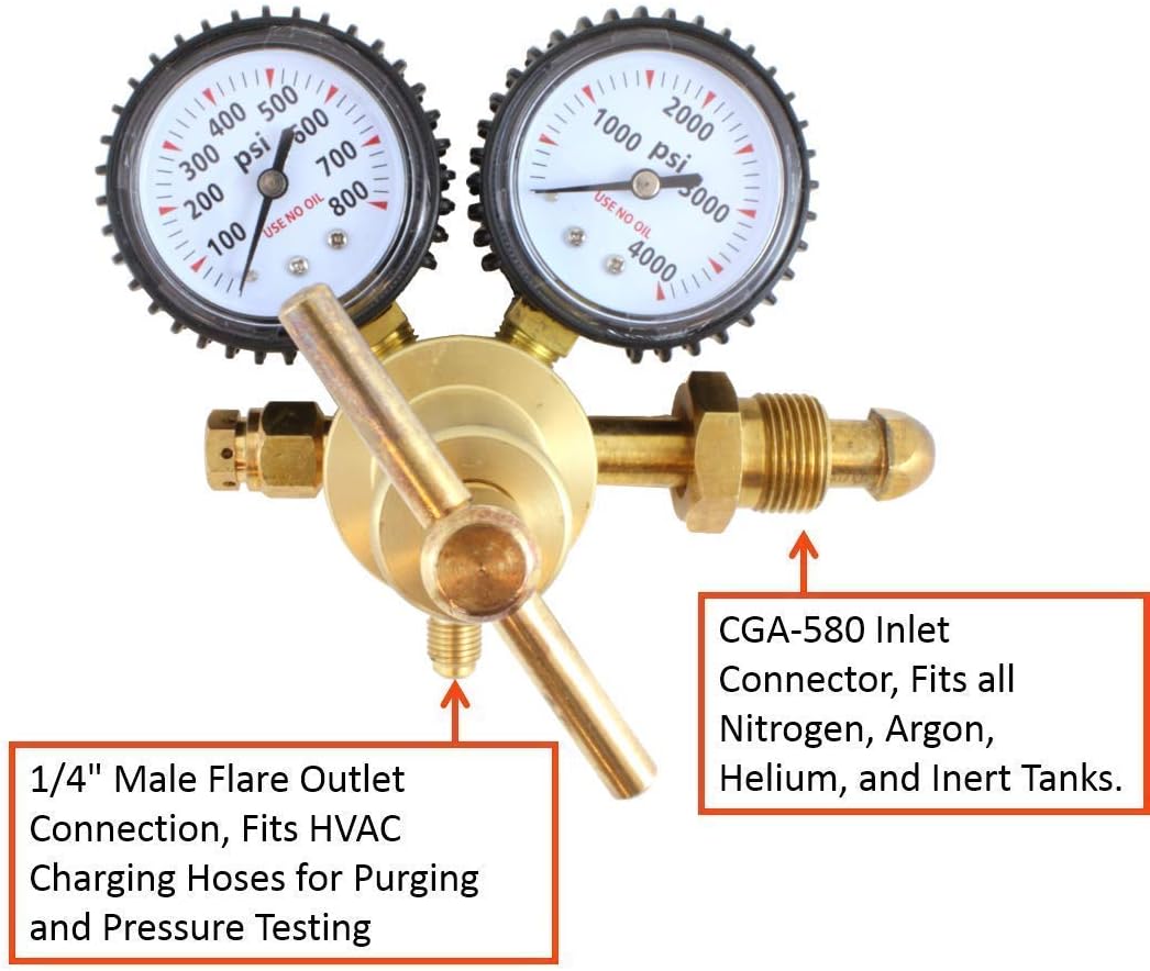 HUKOER Nitrogen Regulator with 0-600 PSI Delivery Pressure, CGA580 Inlet Connection and 1/4-Inch Male Flare Outlet Connection for Purging and Testing Needs