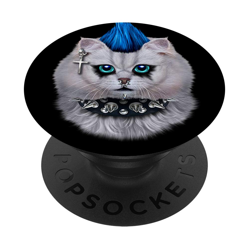 Punk Rock White Cat with Mohawk and Heavy Metal Makeup PopSockets PopGrip: Swappable Grip for Phones & Tablets
