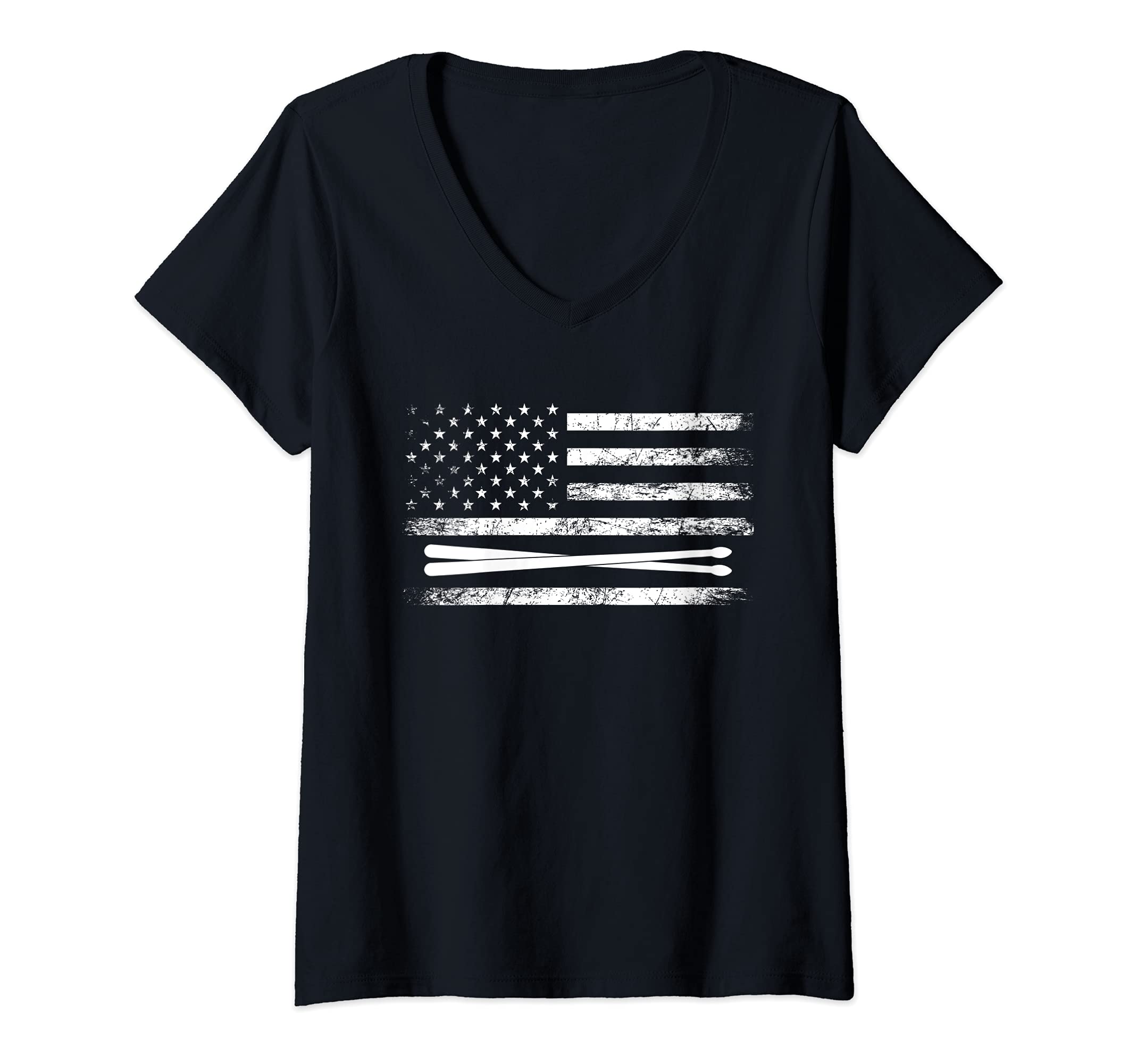 Womens US Flag Drumsticks Drums Player Percussion Drummer Drums V-Neck T-Shirt