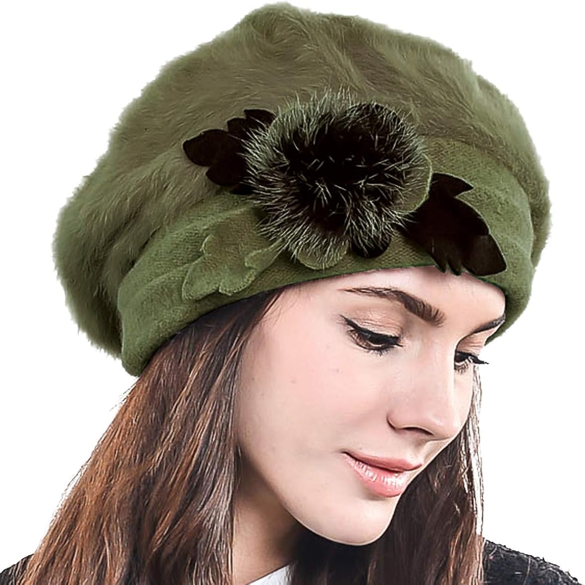 F&N STORY Lady French Beret Wool Beret Chic Beanie Winter Hat Jf-br034 (BR022-Brown Angora) at  Women’s Clothing store