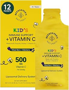 Beekeeper's Naturals Kid's Immune Liposomal Vitamin C, Mixed Berry, 12 Ct | 500 mg Vitamin C, Elderberry, Vitamin D, Propolis