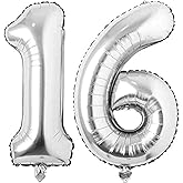 Jonhamwelbor 16 Number Balloons Silver Giant Jumbo Big Large Number 16 Foil Mylar Balloons for Sweet 16th Birthday Party Supplies 16 Anniversary Events Decorations