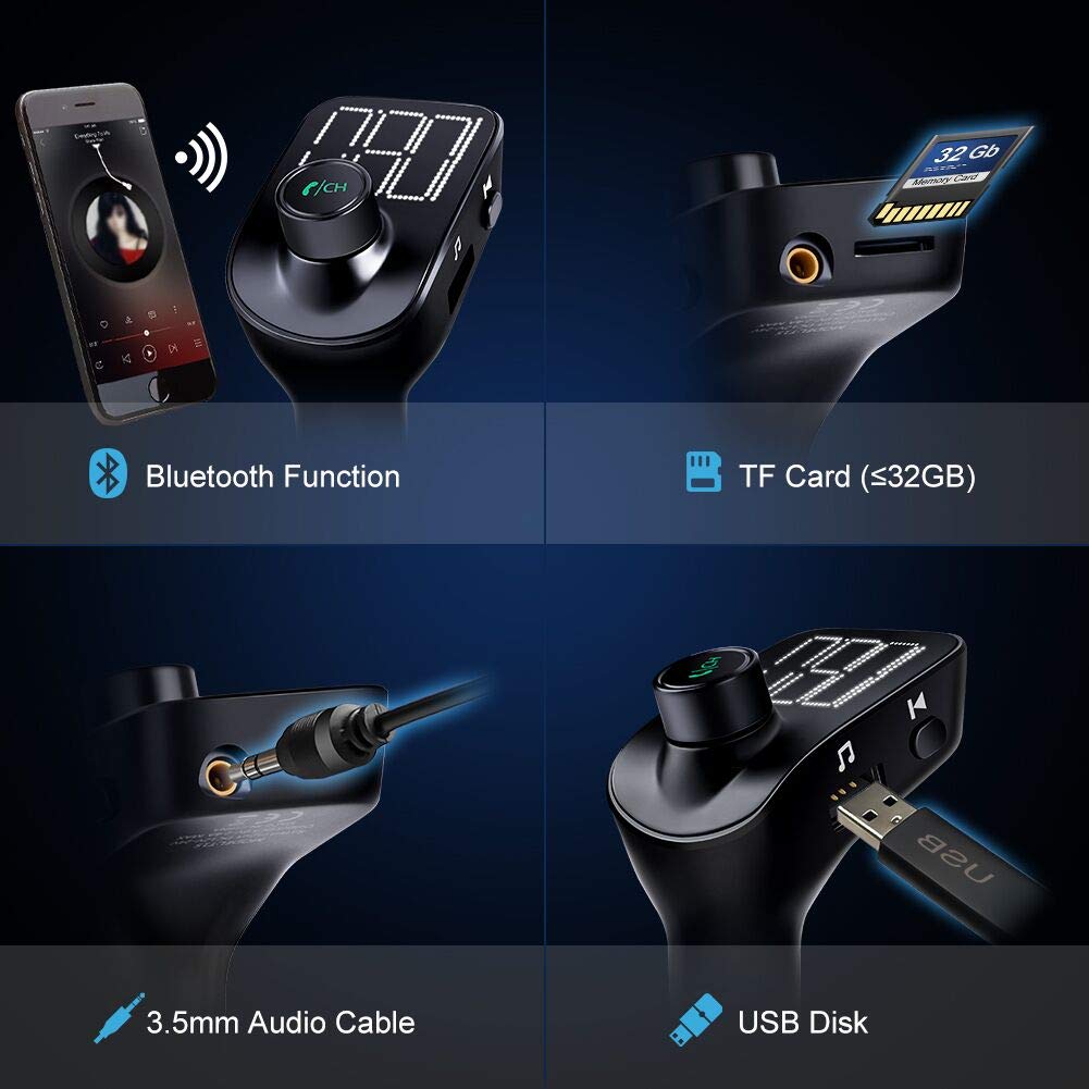 FM Transmitter, Bluetooth FM Transmitter Car Radio Adapter MP3 Player Wireless Car Charger Bluetooth 5.0 with Dual USB Ports, TF Card Slot, Hands-free Car Kits For iPhone, Android and Most Devices