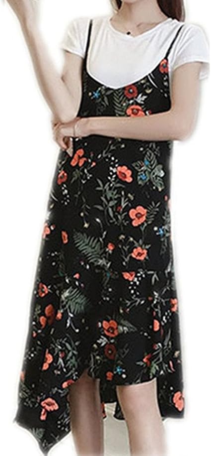 Amazon ラウラ レディース セットアップ ワンピース 花柄 ｔシャツ 吊りスカート シフォン 花柄 ２点セット トップス ｔシャツ トップス シフォン半袖 ワンピース L ブラック アンサンブル 通販