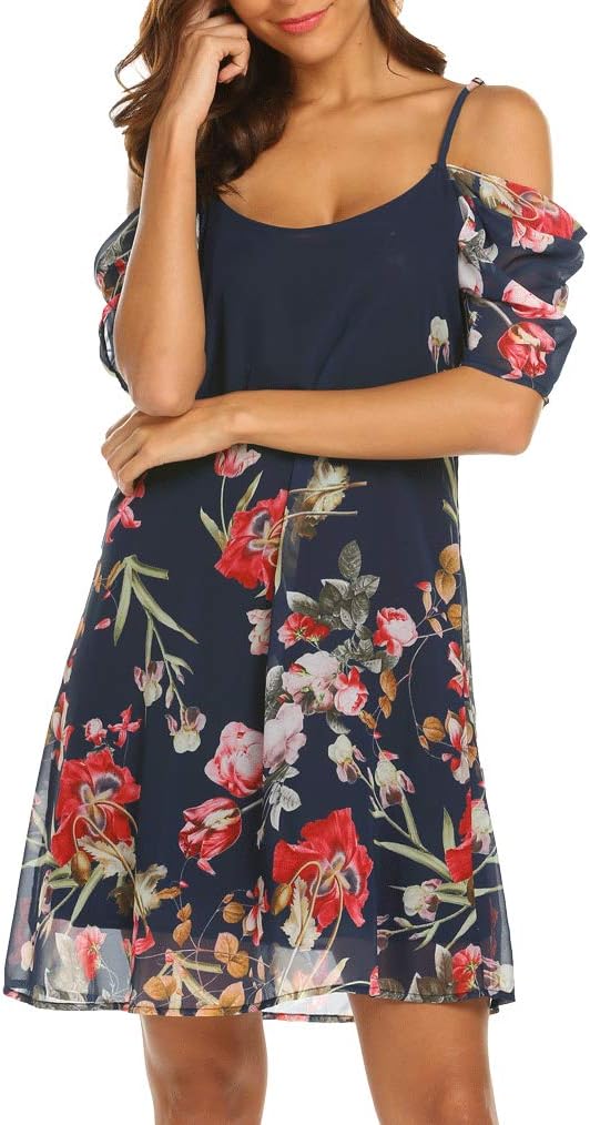 Naggoo Women's Summer Chiffon Floral Printed Cold Shoulder Loose Short Dress