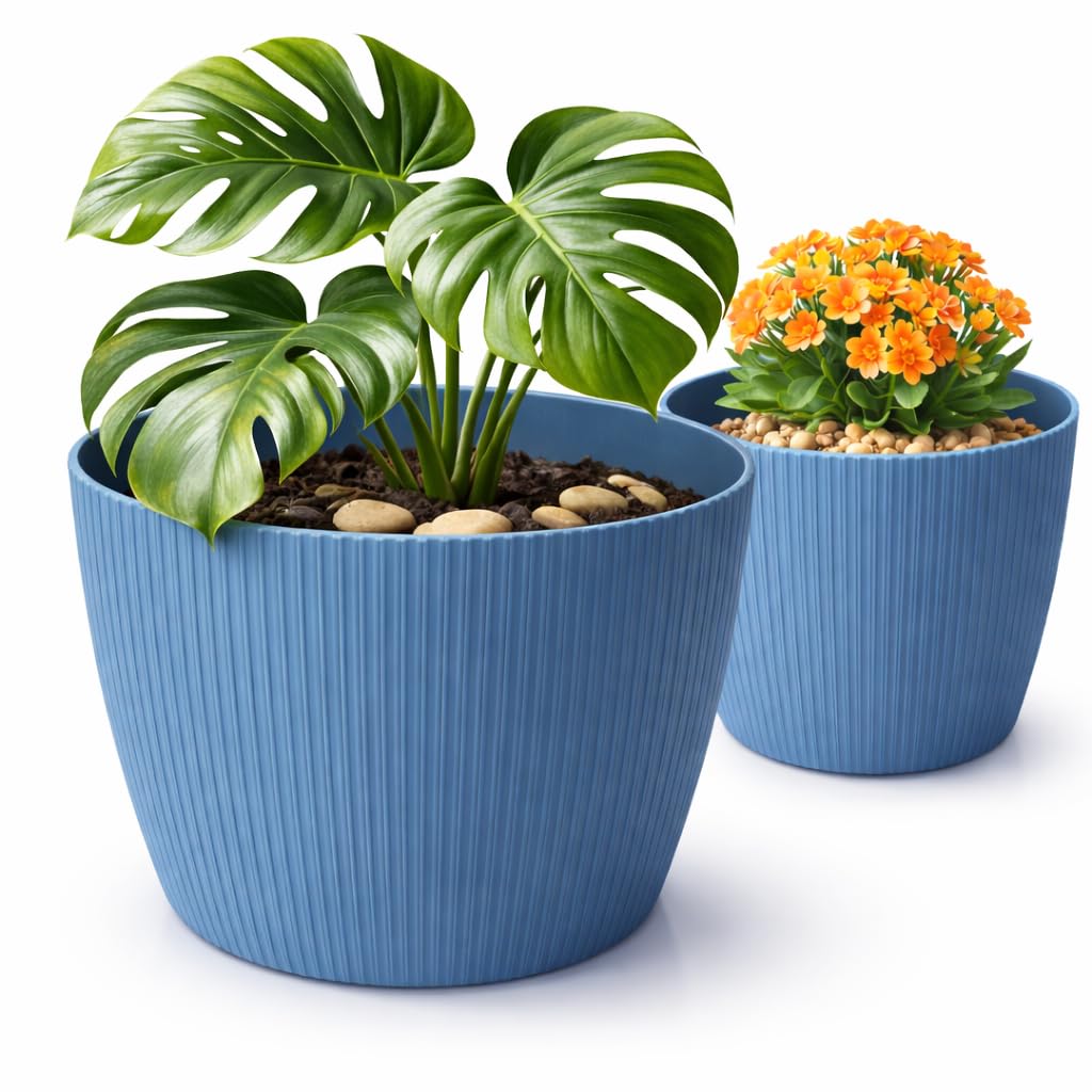 PECZEKO Matte Flower Pots, Decorative Plant Pot for Flowers and Herbs, Durable & Lightweight Round Plastic Plant Pots for Living & Dining Room, Kitchen, Patio, Balcony, Set of 2 (Blue, Diameter 11 cm)