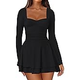 IWD Women's Square Neck Long Sleeve Mini Dress Ruched Corset Waist Tiered Ruffle Hem A Line Short Party Dresses