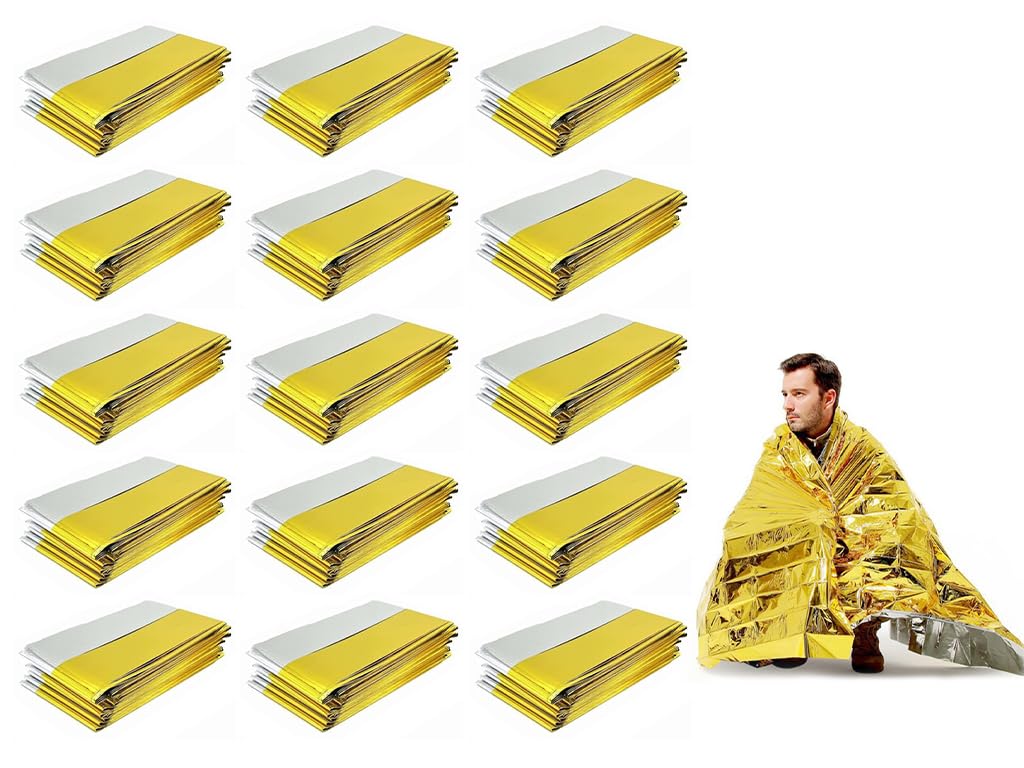 Kellegour 15 pcs Emergency Survival Blanket,140cm x 210cm Survival Reflective Thermal First Aid Foil Blanket,Emergency Thermal Blankets for Outdoors,Camping,Hiking,Survival,Marathons or First Aid