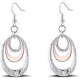 Teppdfann Boho Three Oval Drop Dangle Earrings Silver Earrings for Women Trendy Two Tone Bohemian Jewelry for Thanksgiving and Christmas Gifts