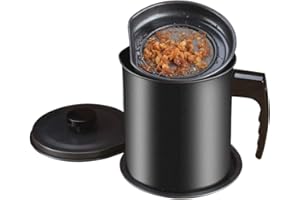 Ourokhome Bacon Grease Container with Strainer,1.3L / 5.2 Cup Kitchen Used Cooking Oil Storage Can Grease Keeper with Fine Mesh Strainer and Lid for Fat, Hot Frying Oil (Black)