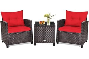 HAPPYGRILL 3 Pieces Patio Conversation Set, Outdoor Furniture Set PE Rattan Sofa Set with Removable Cushions, PE Wicker Chair