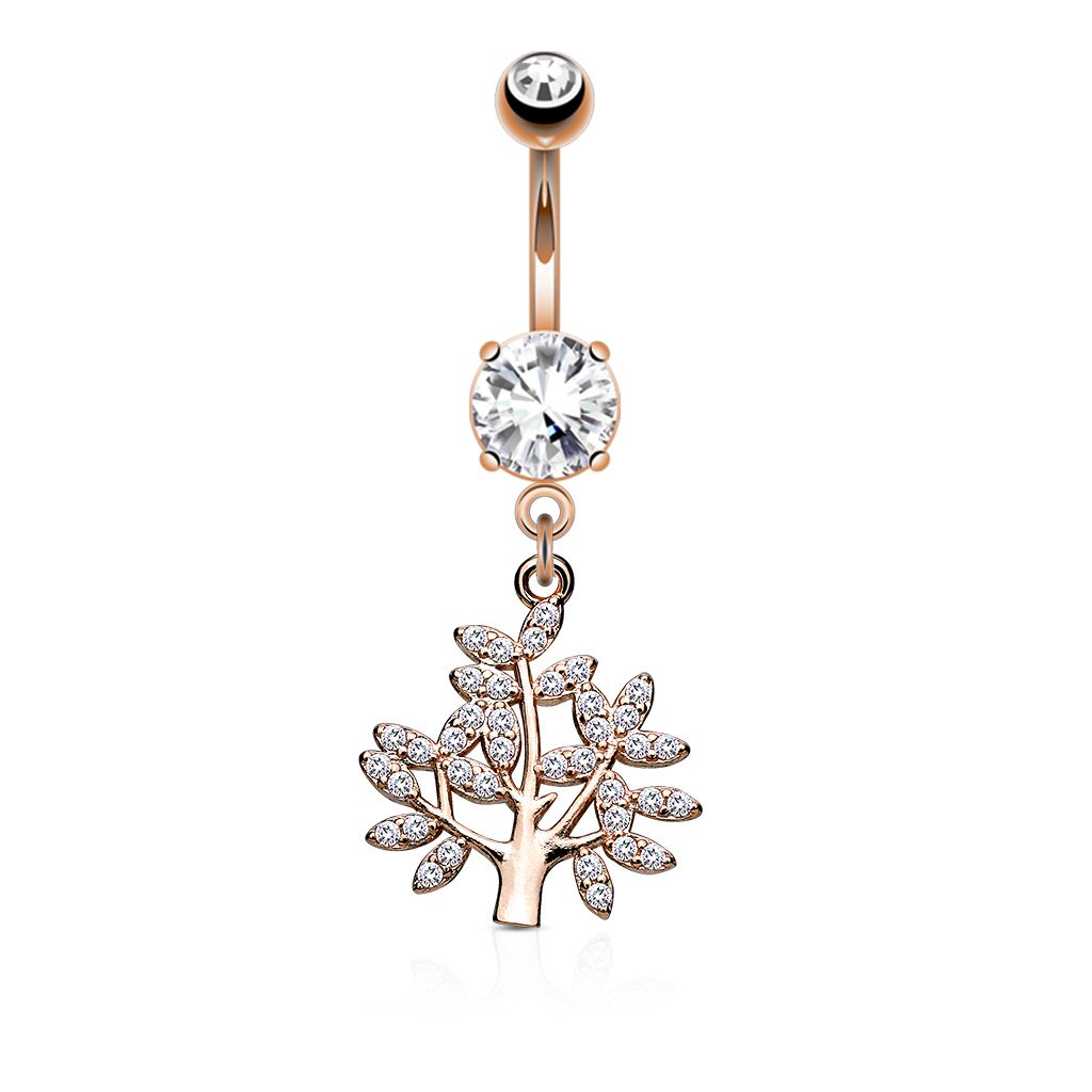 PiercedOff 316L Surgical Steel IP Rose Gold Tone Belly Bar with Clear CZ Life Tree Dangle - Thickness 14GA (1.6mm) / Length 10mm / Ball Size 5mm / Gem Size 7mm / Tree 17mm