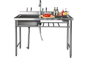 QIANKUN Qian Kun FreeStanding Stainless Steel Utility Sink (Pull Down Sprayer & Drain Pipe) FreeStanding Outdoor Kitchen Sinks 47.2 * 19.7 * 35.4 Left Single Bowl Commercial Restaurant Sink NSF