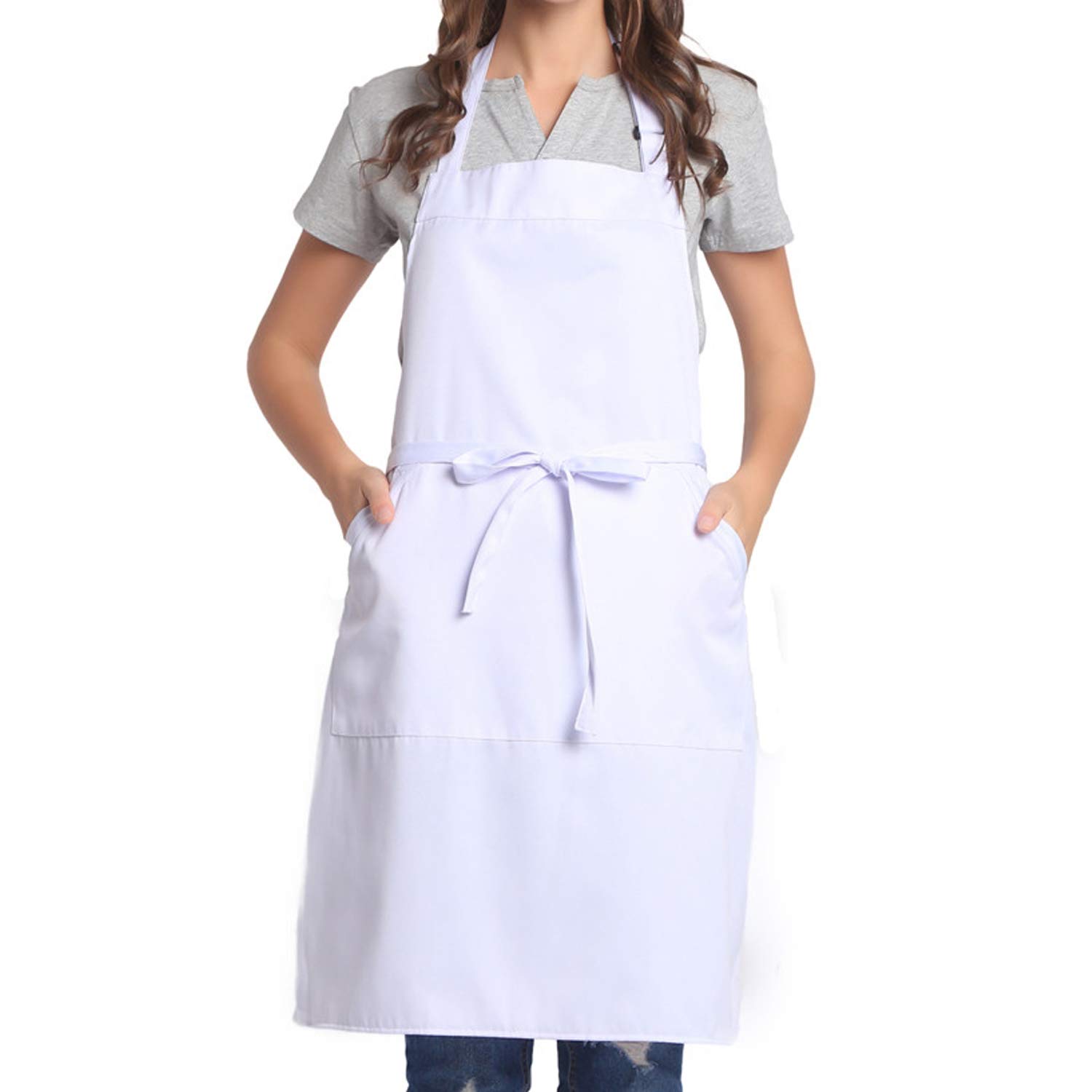 BIGHAS Adjustable Bib Apron with Long Ties for Women Men 18 Colors Chef Kitchen Cooking (White)