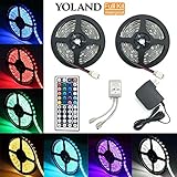 LED Strip Lights Kit, Yoland Waterproof SMD 5050 RGB 14Ft/4.8M(7Ft2Reels) 144LEDs with 44Key Remote Controller and Power Supply for Holiday Party Decorators