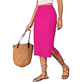 Naggoo Pink Skirt for Women Summer Elastic High Waisted Slit Midi Skirt Hot Pink M
