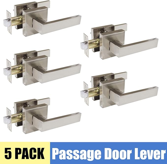 Knobonly Heavy Duty Door Passage Handle Door Lever Hallway Closet Keyless Brushed Nickel Square