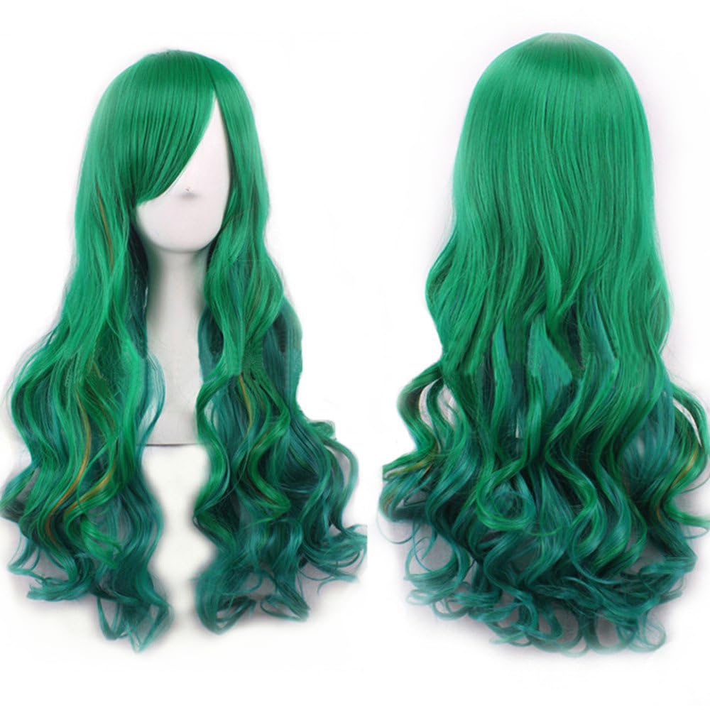 IMISSU 26'' Long Natural Hair Wigs Cosplay Wig with Bangs Colorful Halloween Costume Party Wigs for Women (Ombre Green)