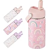 CUXFLS Kids Water Bottle with Straw 12 oz - Insulated Stainless Steel Sports Bottle, Leakproof Wide Mouth Thermal Cup with Straw & Handle Lids for School Travel Outdoor Activities