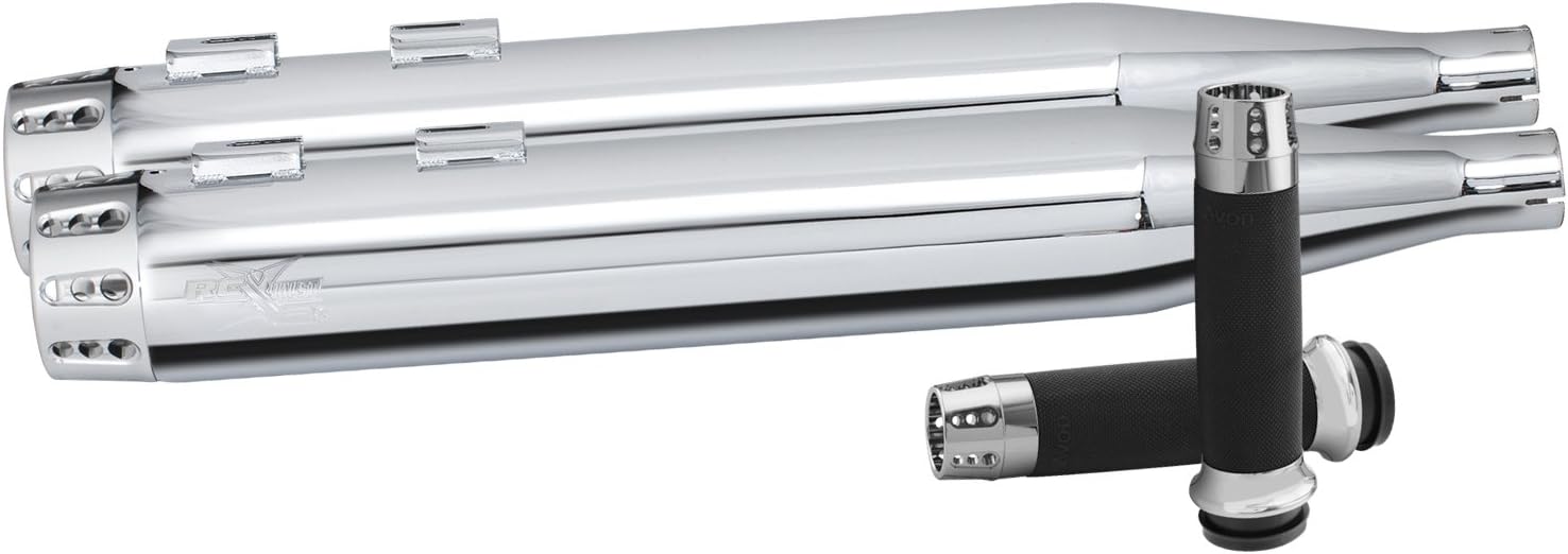 RC Components RCX102C-14C 4.0” Gatlin Chrome Slip-On Mufflers with Matching Grips Package for Harley Davidson FLH Touring for 1995 to 2016