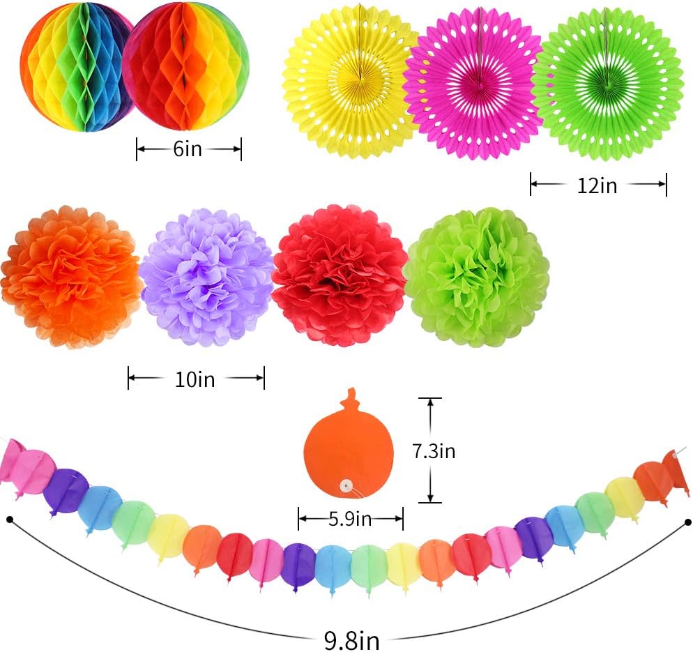 Mexican Party Decorations, Fiesta Party Supplies Hanging Paper Fans Pom Poms Flowers Swirls Garlands String Polka Dot and Triangle Bunting Flags for Birthday Parties Rainbow Party: Health & Personal Care